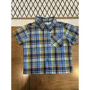 Kidgets Baby Boys 6-9 Months Blue Green Plaid Short Sleeve Button Up Shirt